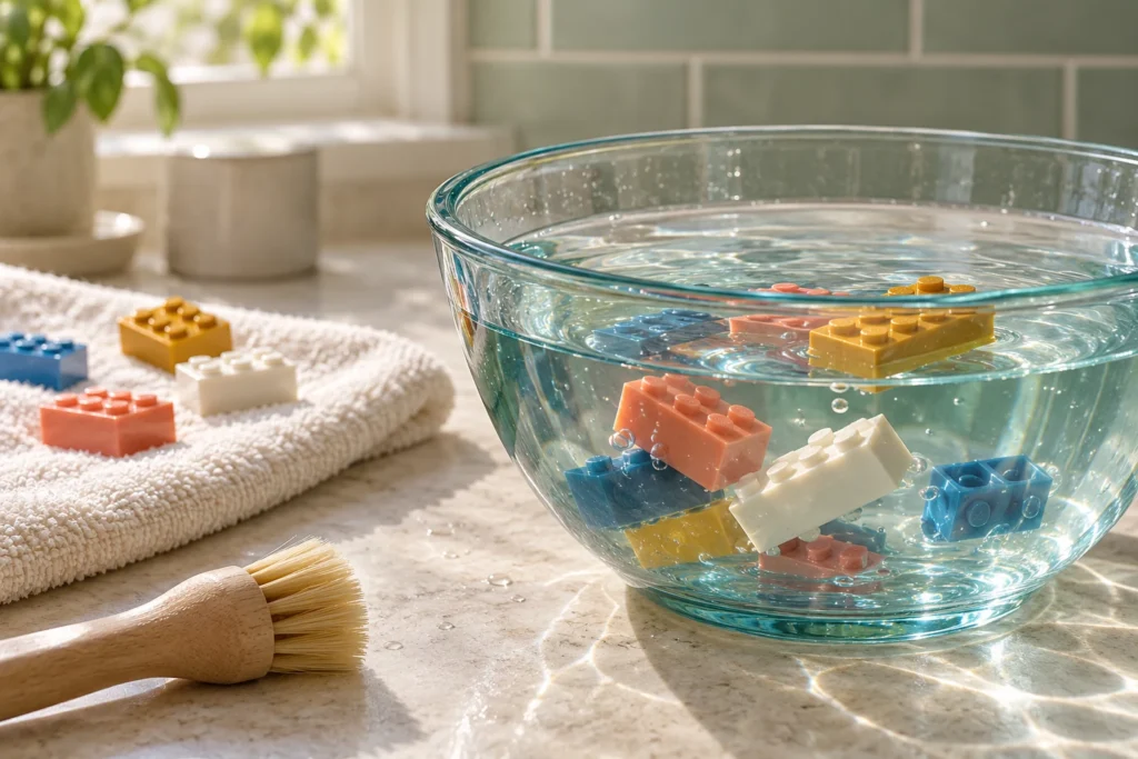 Briques ordinaires dans un bol d’eau, avec brosse douce et serviette de séchage.