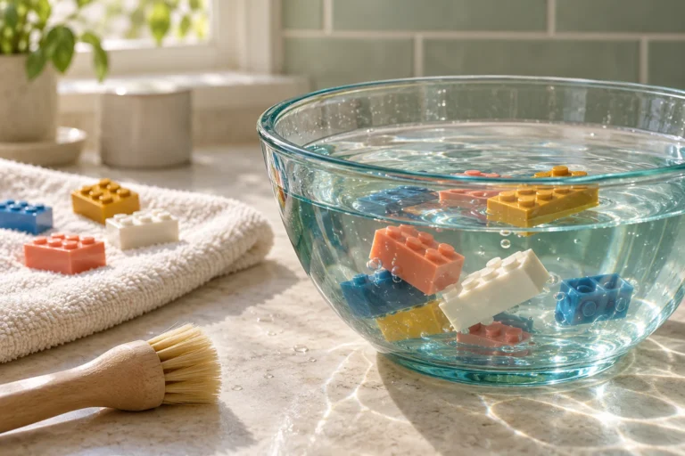 Briques ordinaires dans un bol d’eau, avec brosse douce et serviette de séchage.