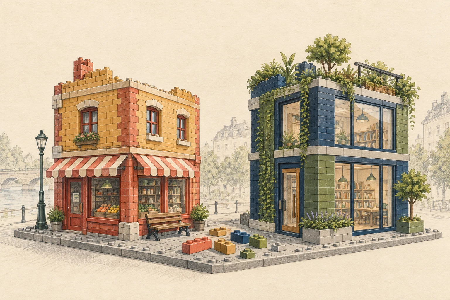 Deux bâtiments imaginaires en briques : une épicerie à auvent rayé et une bibliothèque contemporaine végétalisée.