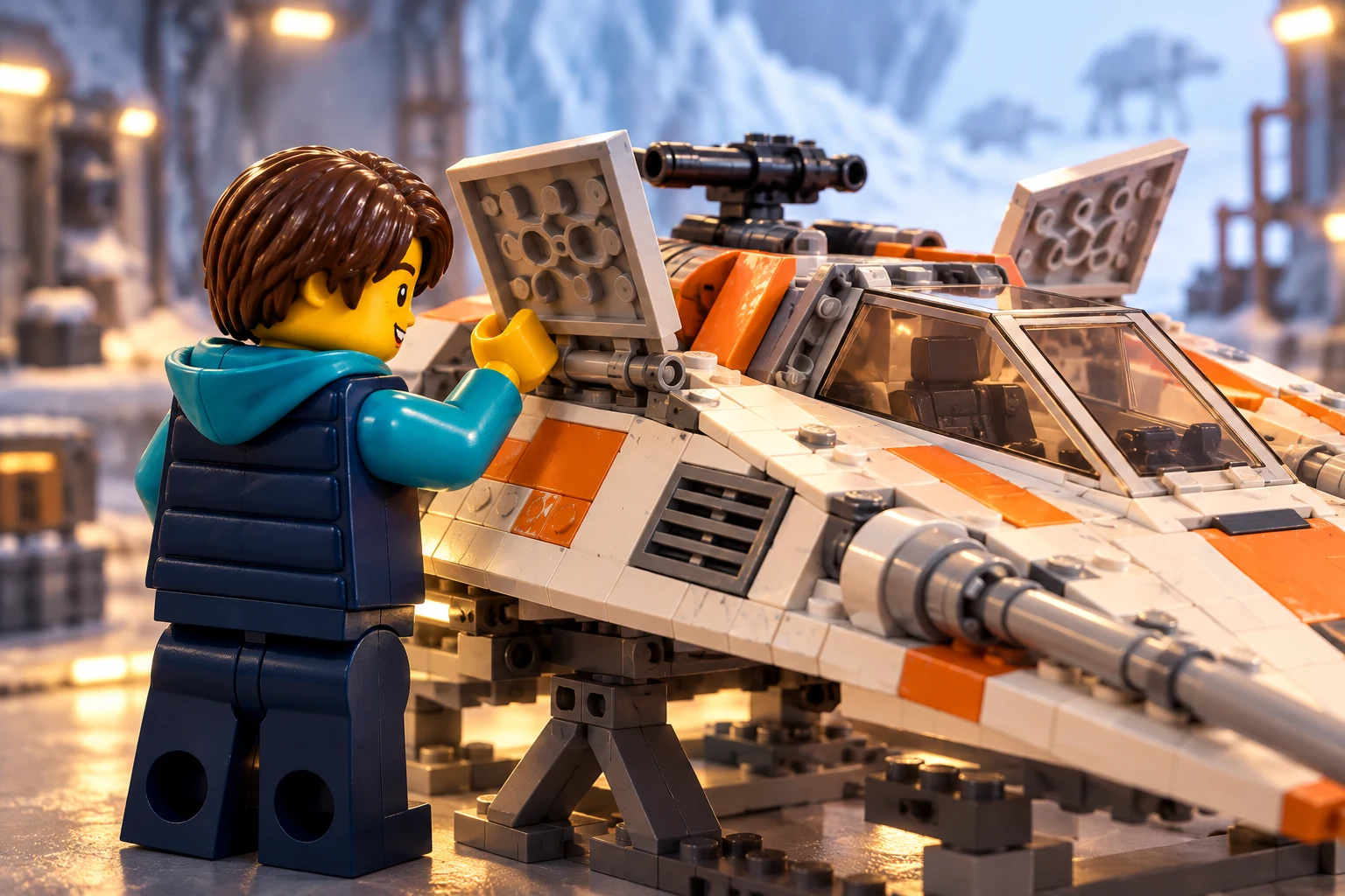Illustration en briques : observation d’un détail du modèle Snowspeeder UCS.