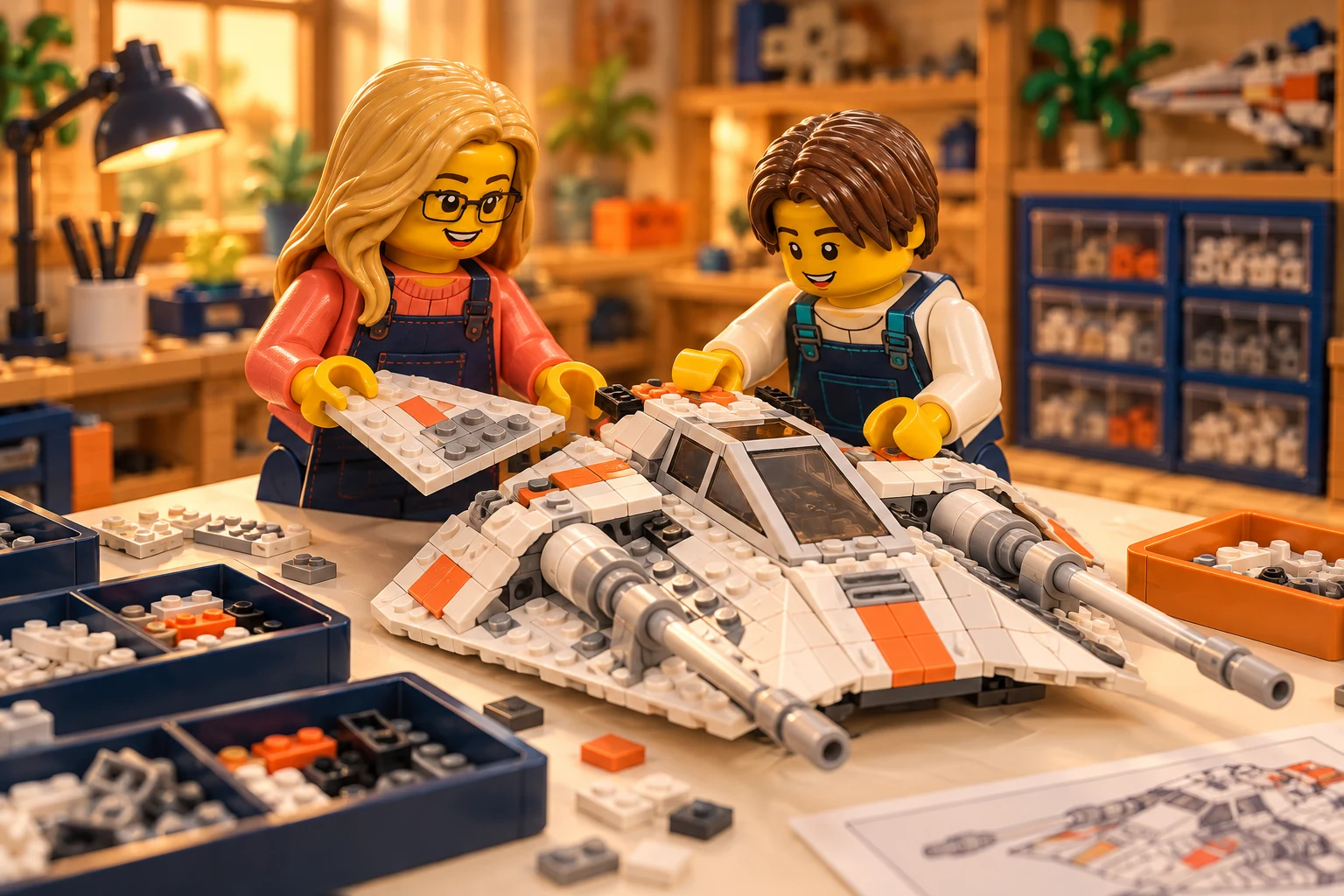 Illustration en briques : construction partagée autour du modèle Snowspeeder UCS.