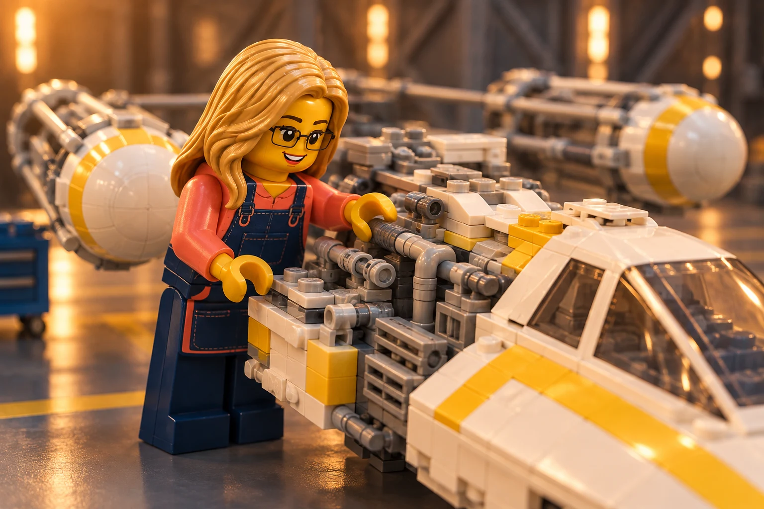 Illustration en briques : observation d’un détail du modèle Y-wing Starfighter UCS.