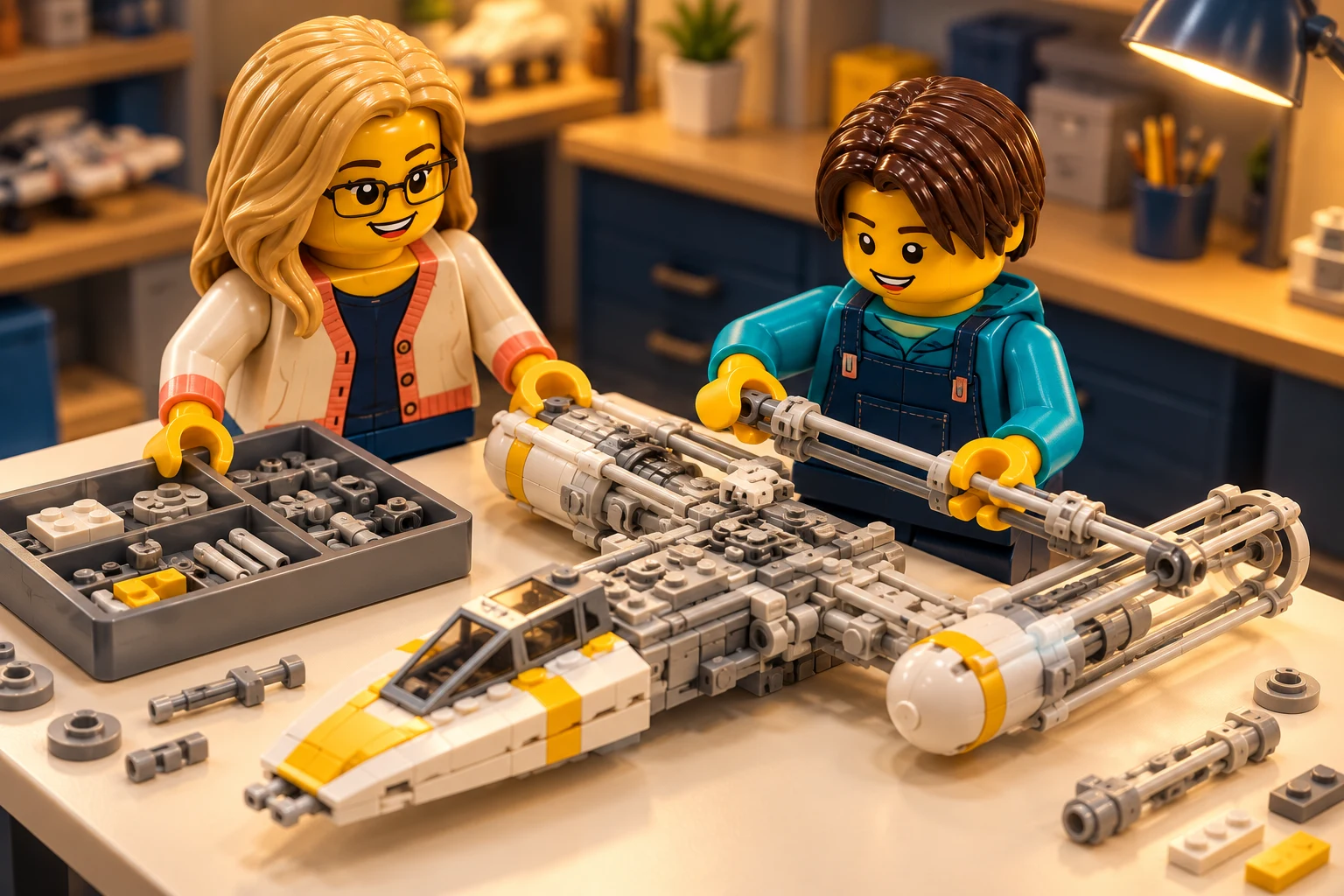Illustration en briques : construction partagée autour du modèle Y-wing Starfighter UCS.