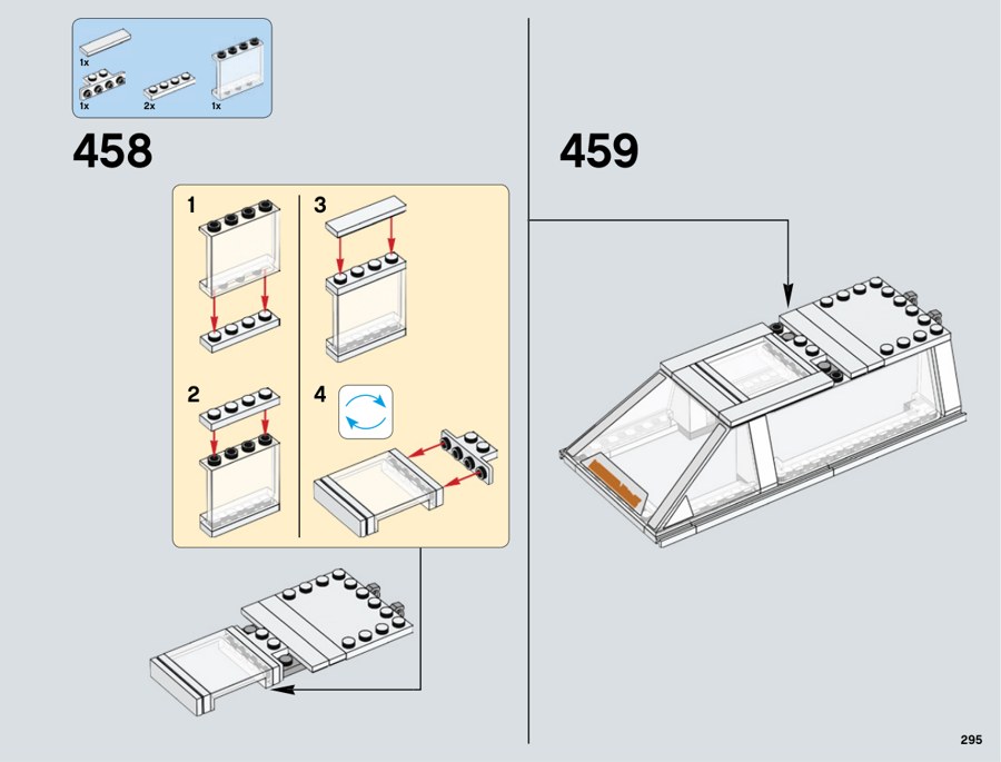 Extrait officiel LEGO 75144, page 295 : La fenêtre arrière complète le cockpit