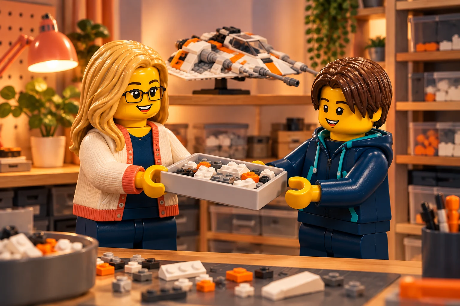 Illustration en briques : transmission de pièces autour du modèle Snowspeeder UCS.