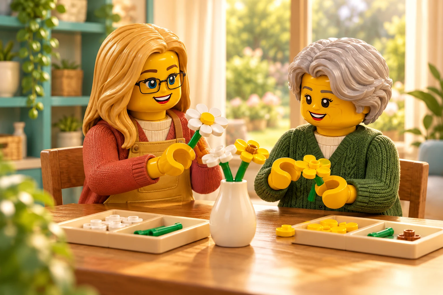 Illustration d’une adulte et d’une participante senior construisant des fleurs en briques autour d’une table.