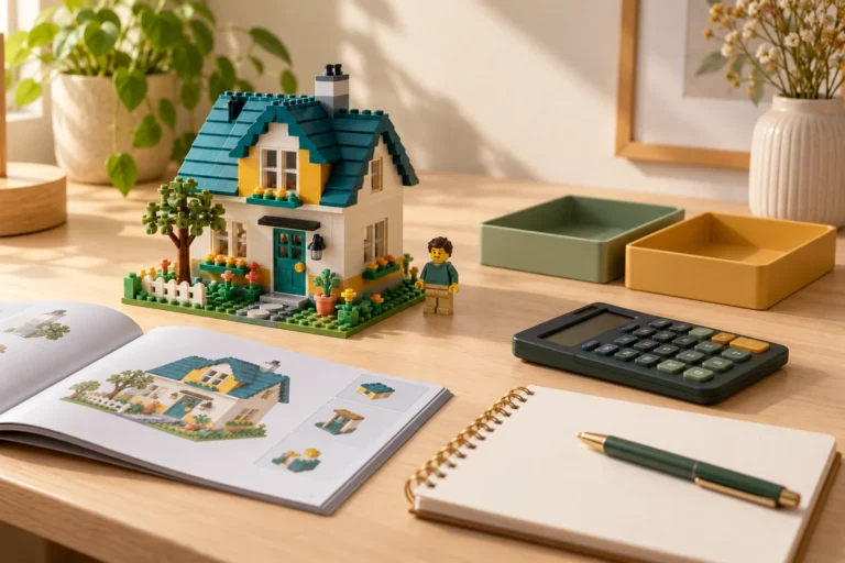Maison en briques et livret illustratif près d’une calculatrice à écran vide et d’un carnet de notes.