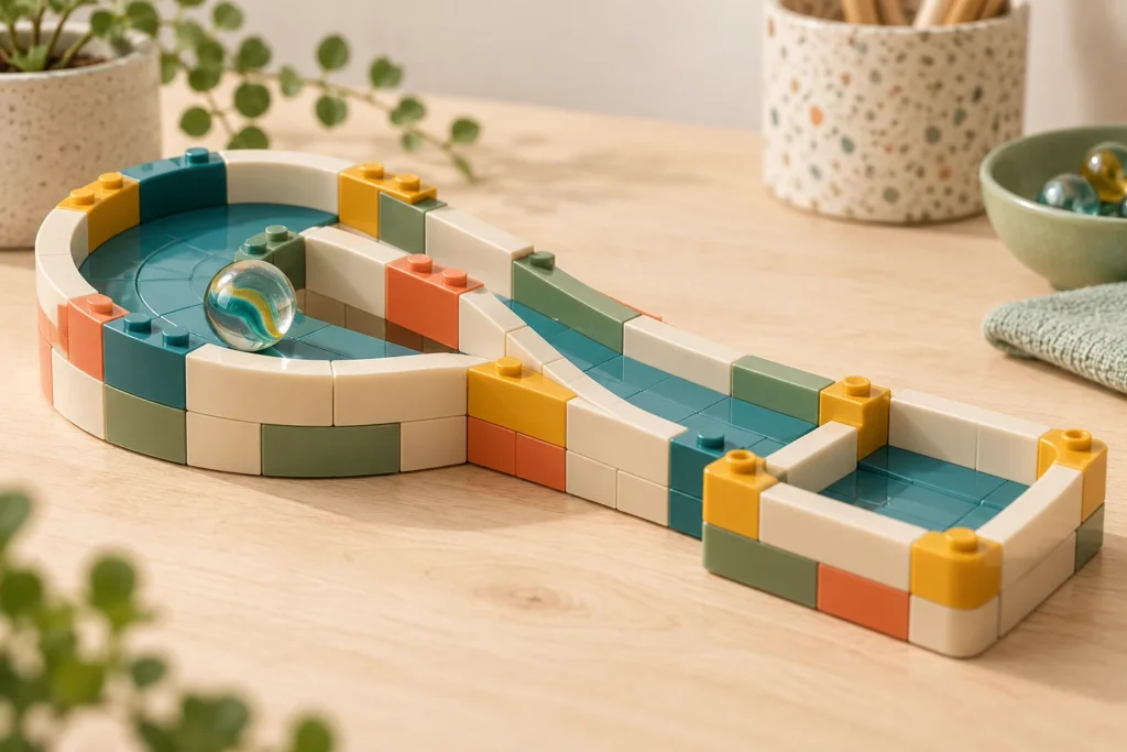 Une bille transparente repose dans une piste basse en briques, avec une courbe, des rebords et une arrivée rectangulaire.