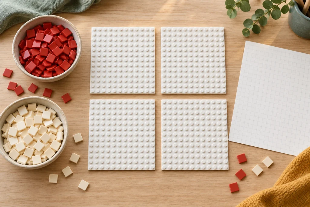 Quatre plaques blanches vides, deux coupelles de pièces carrées rouges et crème et une feuille quadrillée sur une table.
