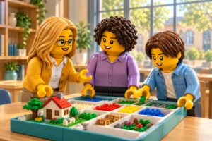 Illustration d’une adulte, d’un adolescent et d’une référente locale préparant un kit de construction organisé.