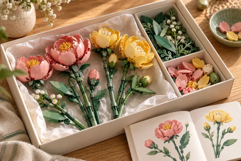 Fleurs roses et jaunes en briques, encore sur leurs tiges, présentées dans une boîte avec des compartiments de feuillage et de pétales.