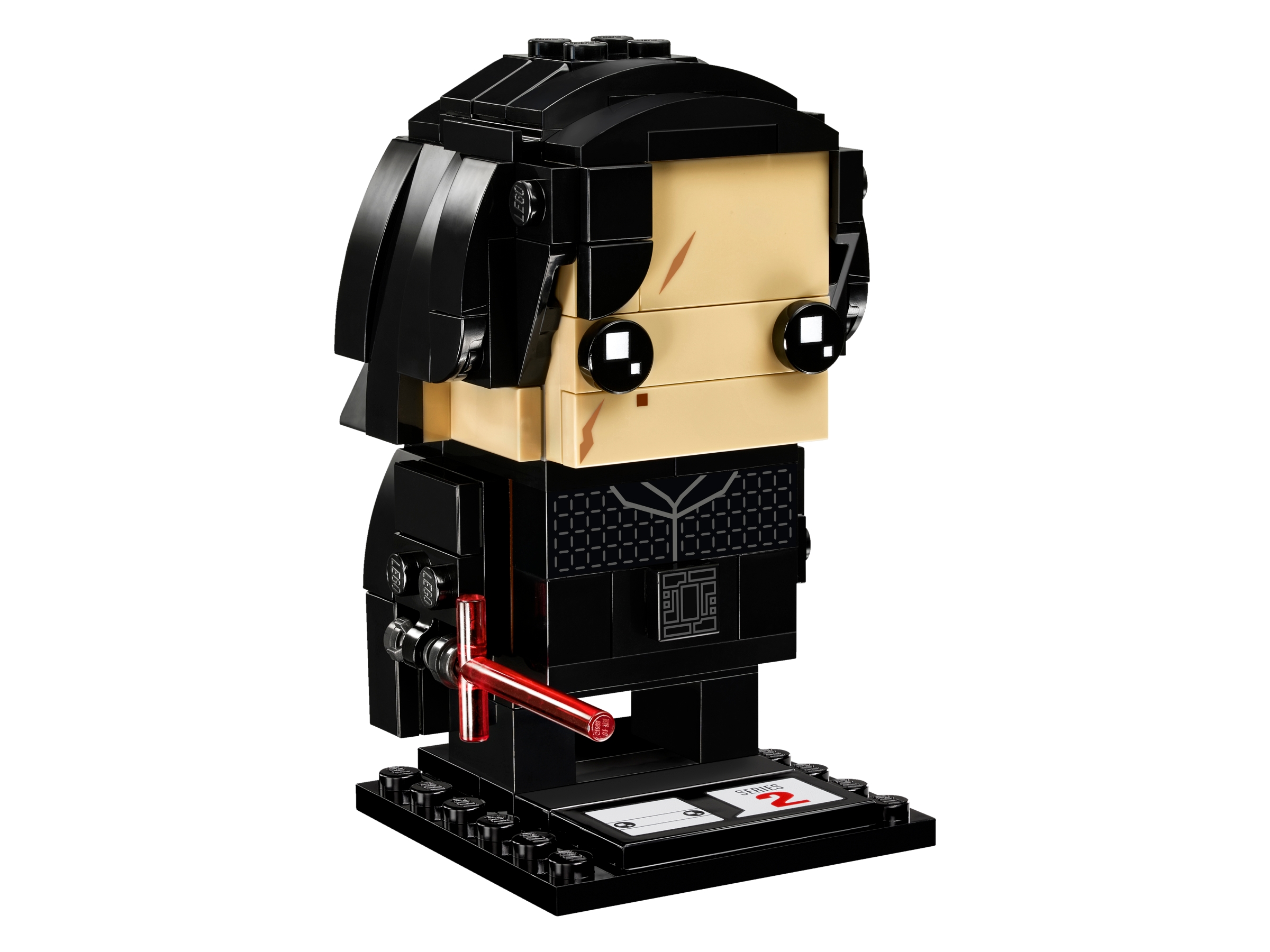 Kylo Ren LEGO BrickHeadz 41603, visage découvert avec cicatrice, chevelure noire construite, tenue imprimée et sabre rouge en croix sur son socle de série 2.