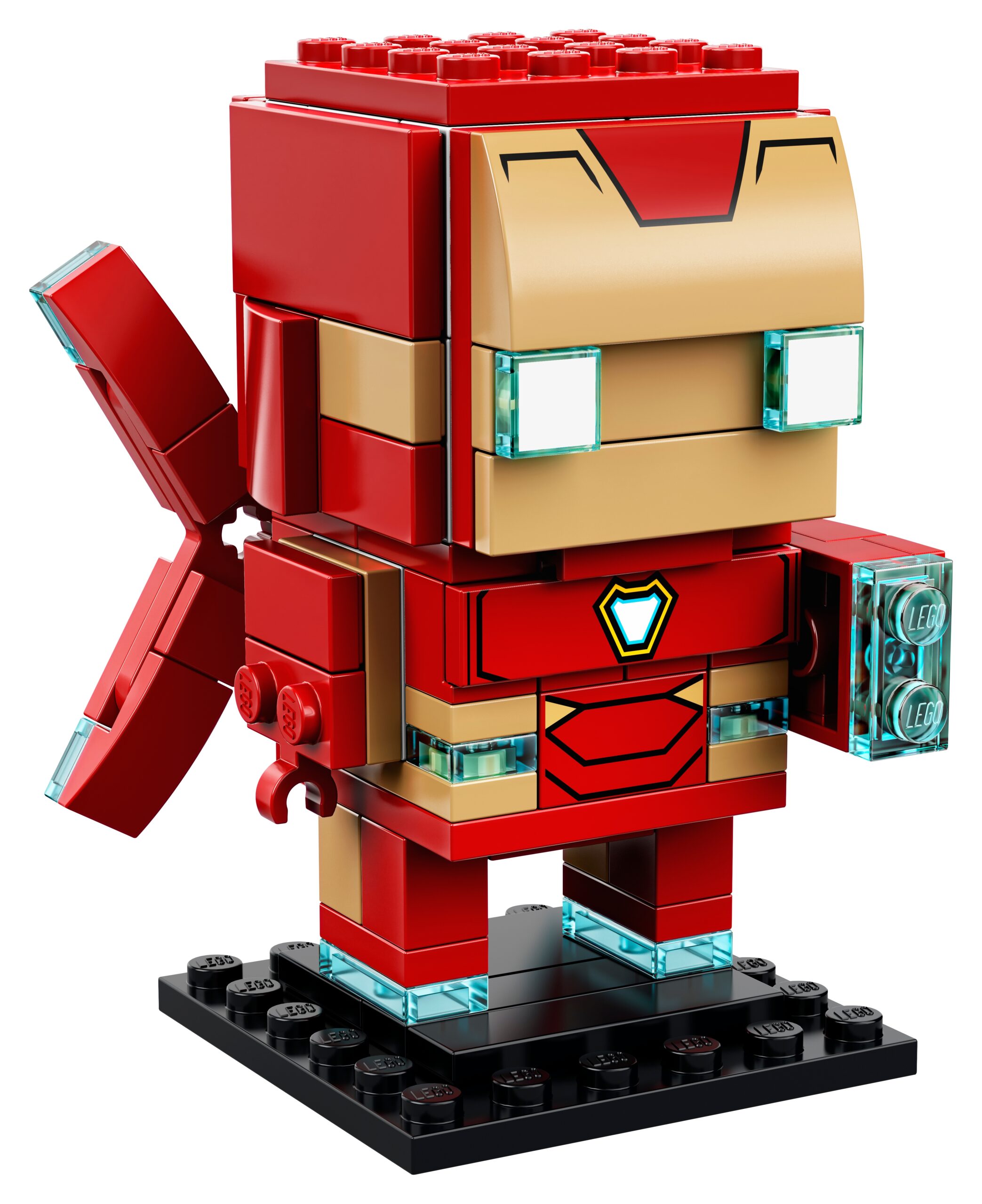 Iron Man MK50 LEGO BrickHeadz 41604, masque courbe beige imprimé, yeux carrés bleu clair transparent, armure rouge, dispositif dorsal et socle noir uni.