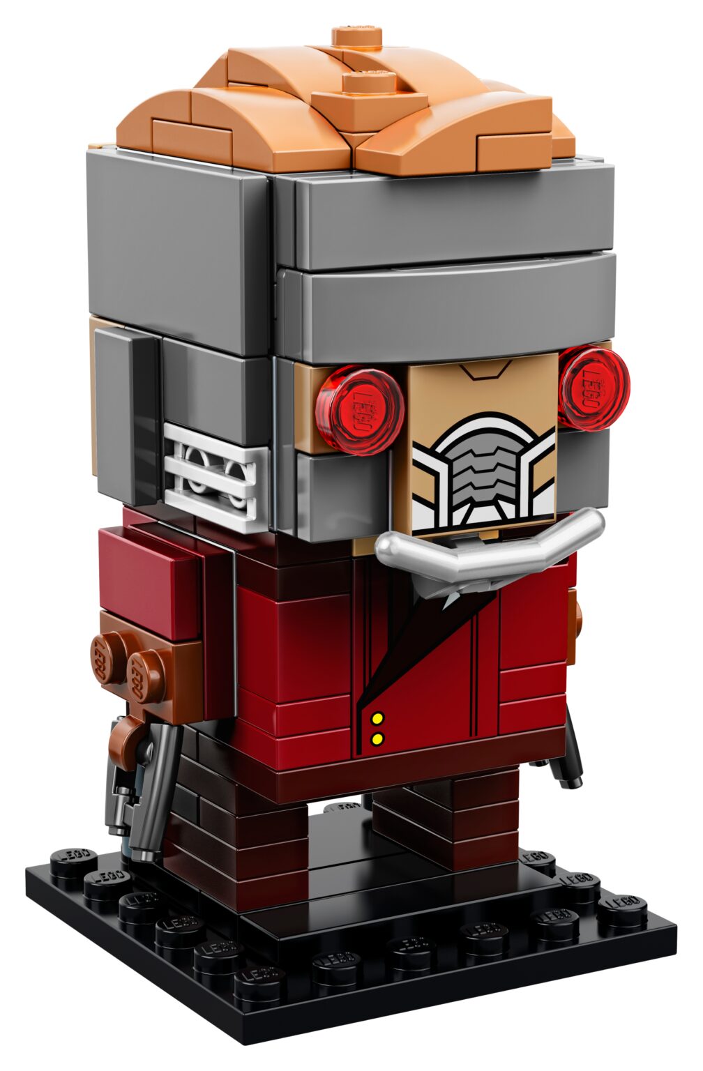 Star-Lord LEGO BrickHeadz 41606, casque gris à respirateur imprimé et yeux rouges, chevelure construite, veste rouge sombre, deux fusils et socle noir uni.