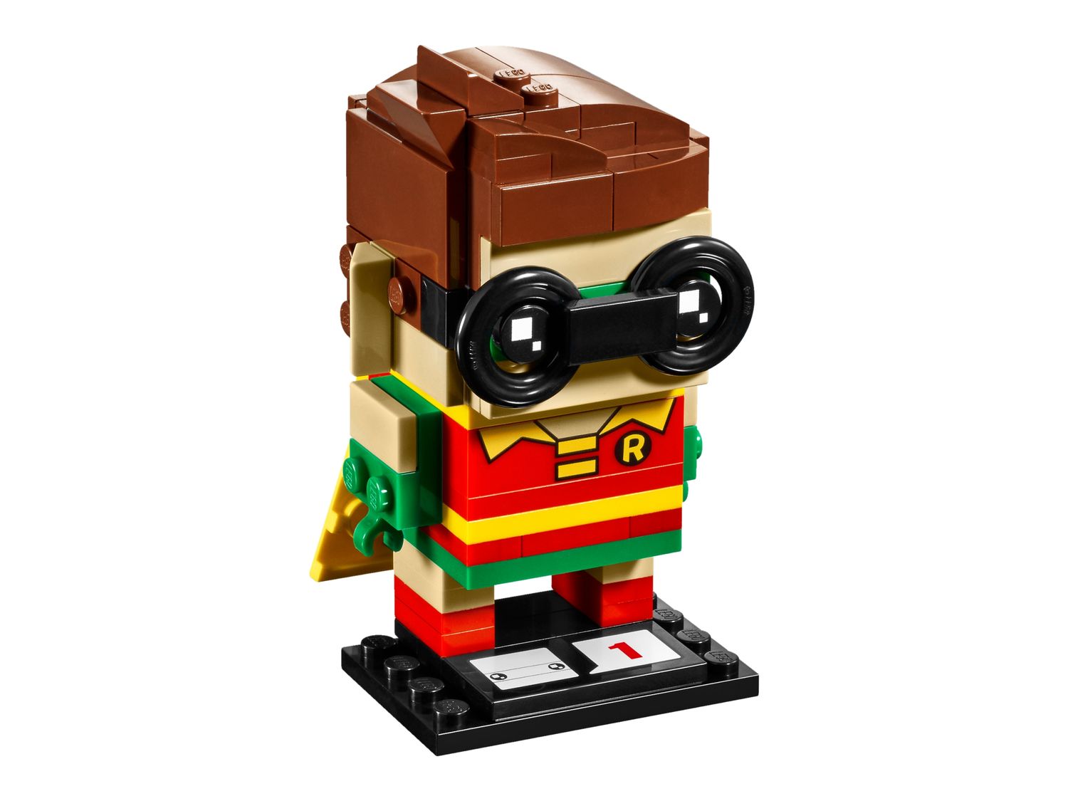 LEGO BrickHeadz 41587 Robin : lunettes noires construites, cheveux bruns, costume rouge et vert, cape jaune et socle noir.