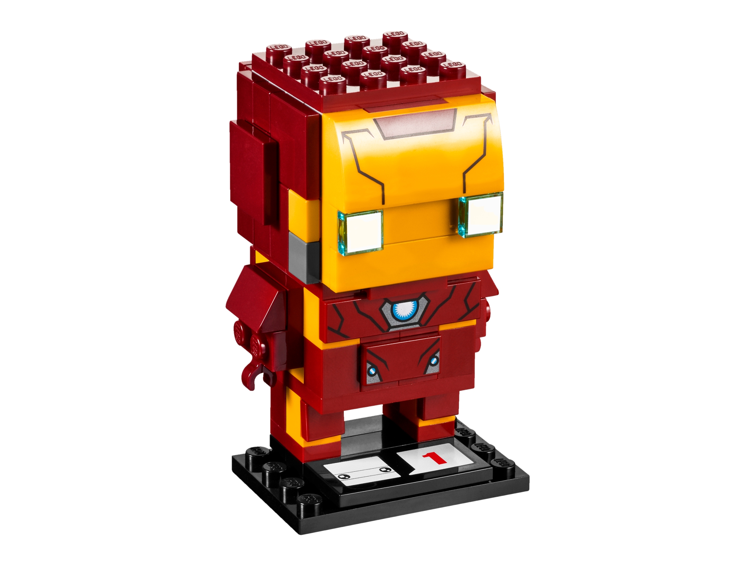 LEGO BrickHeadz 41590 Iron Man : armure rouge foncé, masque courbe jaune orangé, deux yeux carrés blancs, réacteur imprimé sur la poitrine et socle noir.