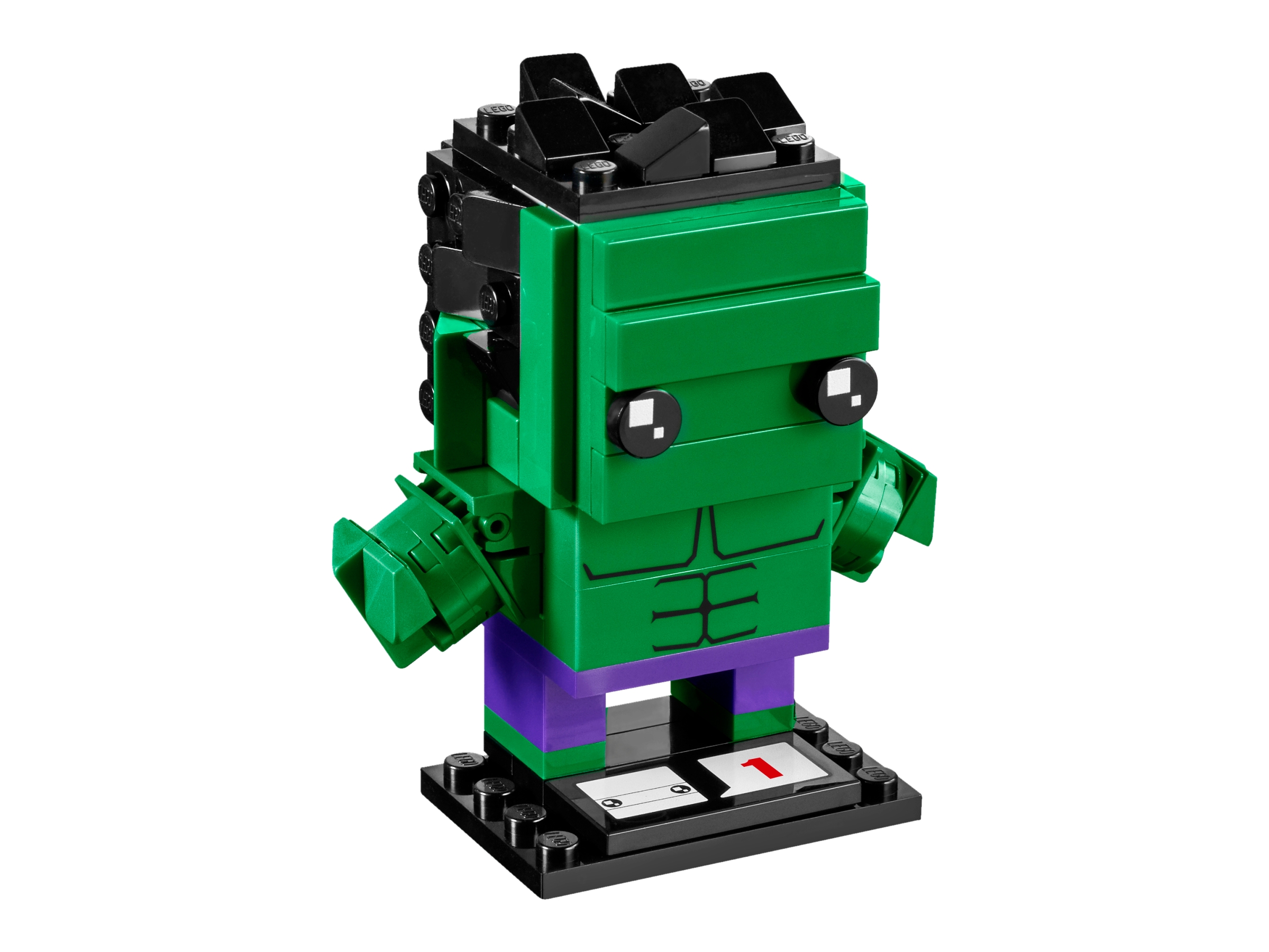 LEGO BrickHeadz 41592 Hulk : peau verte, cheveux noirs en petites pentes, yeux ronds, deux briques imprimées de muscles, pantalon violet et poings construits sur un socle noir.