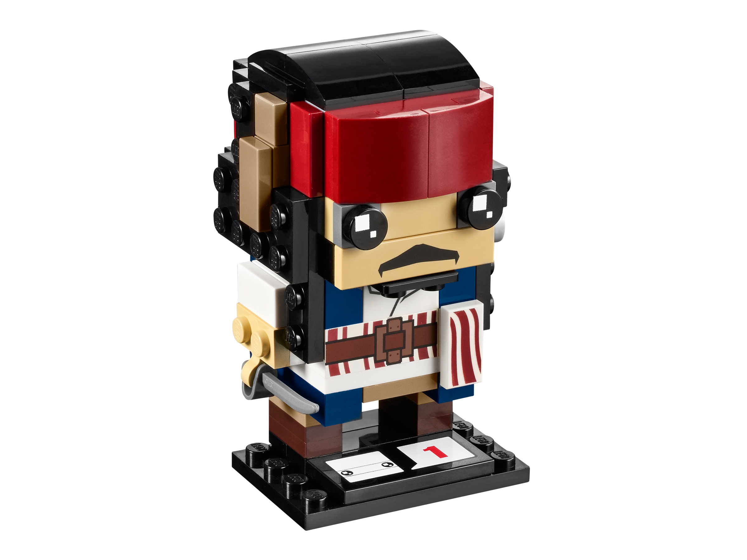 LEGO BrickHeadz 41593 Captain Jack Sparrow : cheveux noirs, bandeau rouge foncé, moustache imprimée, bouc construit, veste bleu foncé et sabre courbe sur un socle noir.