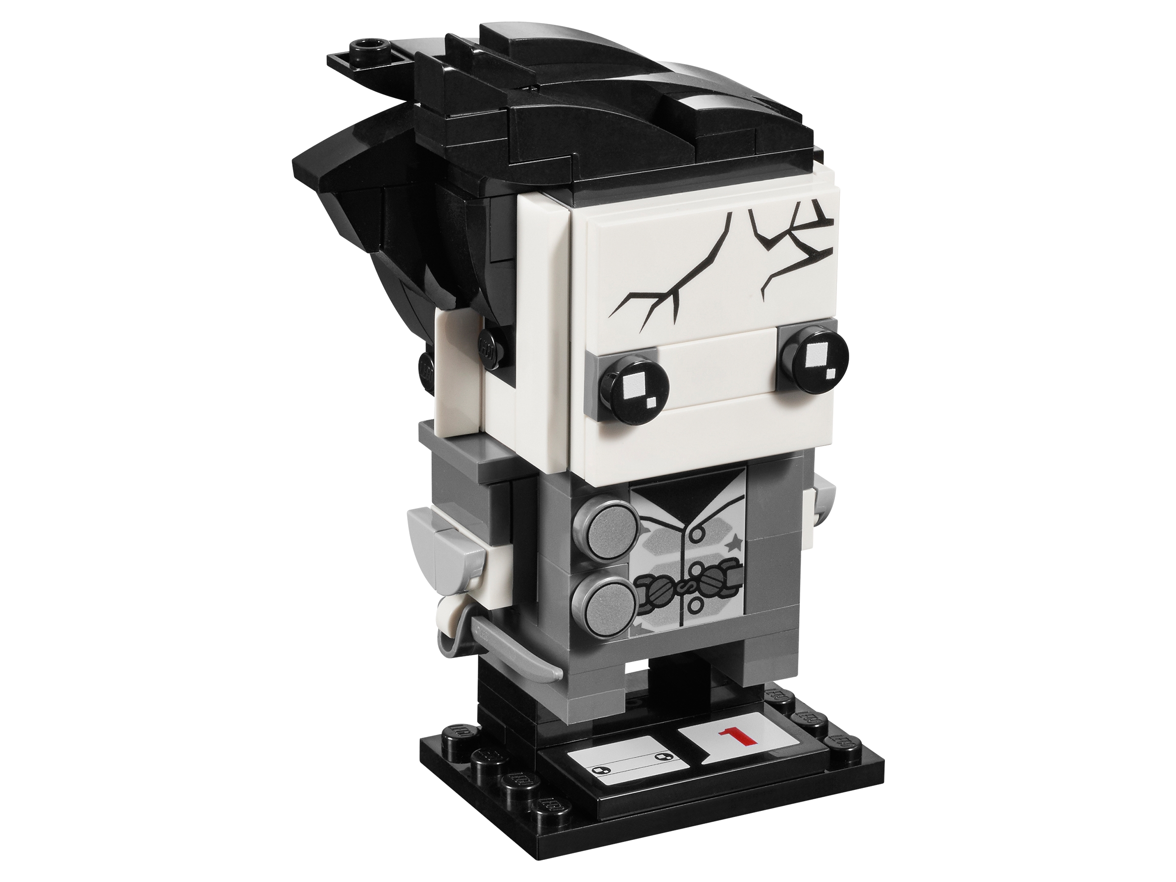 LEGO BrickHeadz 41594 Captain Armando Salazar : visage blanc aux traits noirs imprimés, cheveux noirs en mèches courbes, manteau gris, gilet décoré, deux boutons ronds argentés et sabre sur un socle noir.