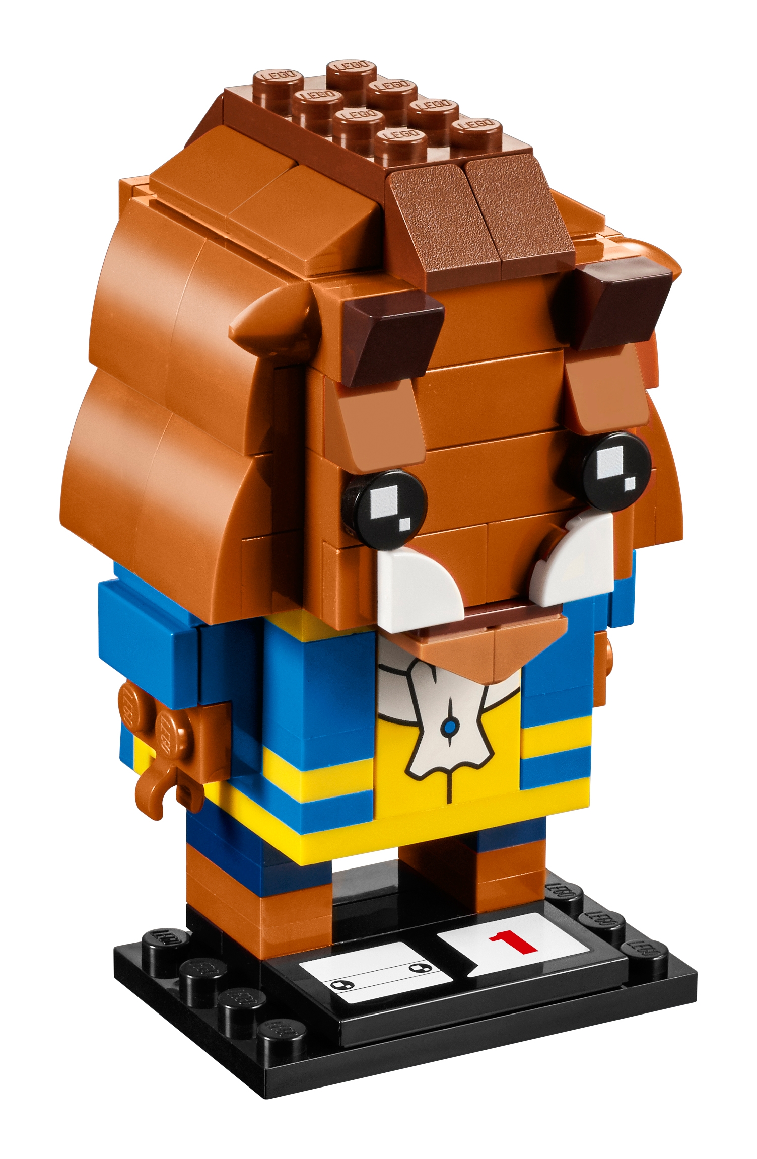 LEGO BrickHeadz 41596 La Bête : crinière rousse construite, deux cornes, yeux ronds noirs, défenses blanches, veste bleue à bordures jaunes et gilet imprimé sur un socle noir.