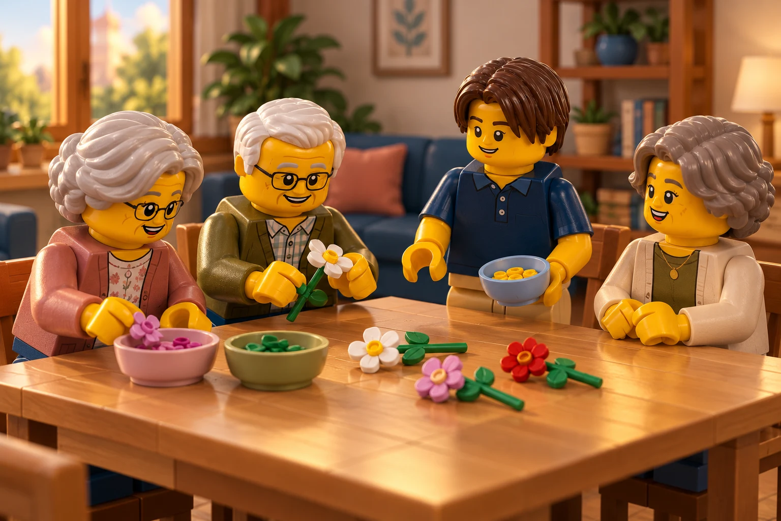 Autour d'une table, trois seniors fictifs choisissent des couleurs, assemblent une fleur ou observent, tandis qu’un adolescent présente une coupelle de pièces.