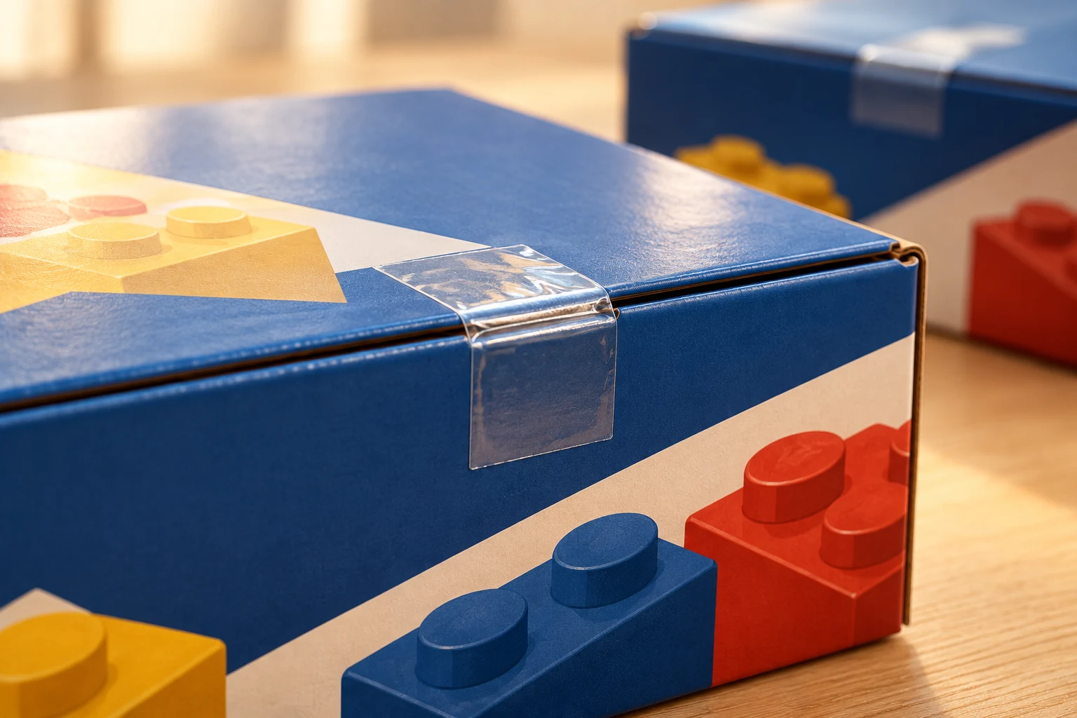 Vue rapprochée d’une boîte de jeu de construction fermée, avec un scellé transparent intact sur la jointure du carton.