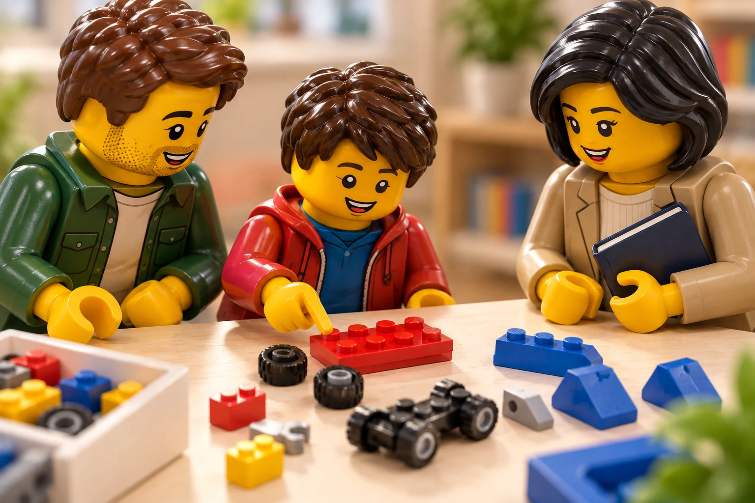 Un enfant fictif désigne des roues et une petite base de construction sur une table, en présence de son parent et d'une interlocutrice locale.