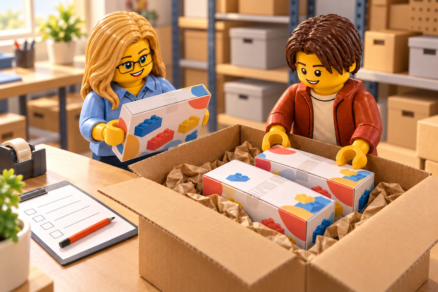 Une adulte et un adolescent répartissent des boîtes neuves toujours scellées dans un carton de transport, à côté d'une fiche de préparation sans données personnelles.