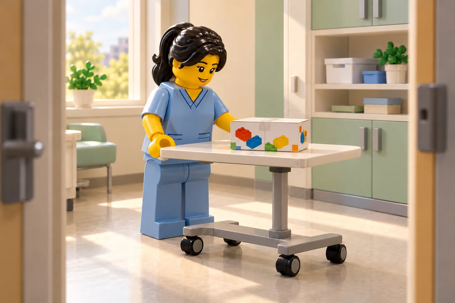 Dans une pièce hospitalière fictive inoccupée, une professionnelle prépare une tablette dégagée avec une seule petite boîte de construction encore fermée et scellée.