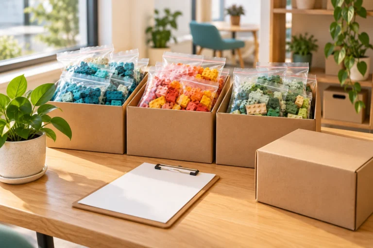 Trois cartons ouverts de sachets de briques, un carton fermé et un porte-documents vierge sur une table de bureau.