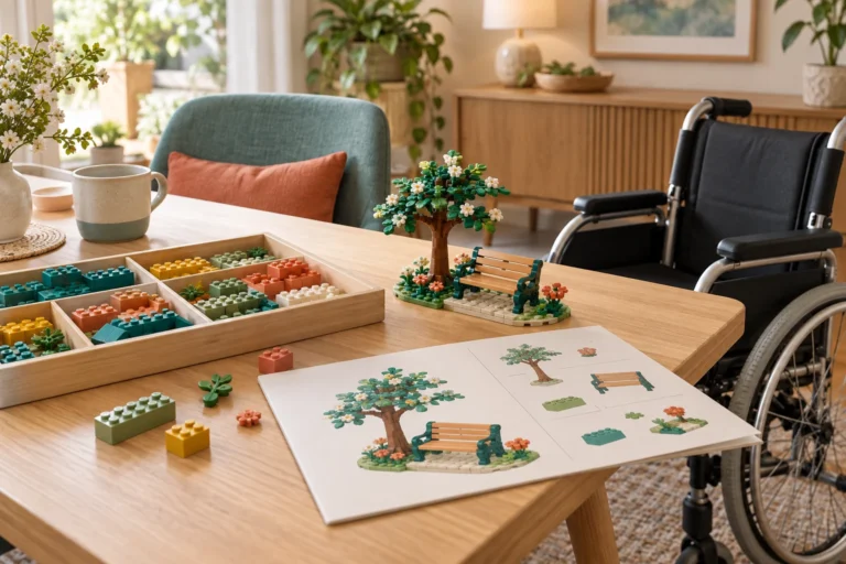 Un fauteuil roulant vide est placé près d’une table portant des briques triées, une notice illustrée et un banc sous un arbre en briques.