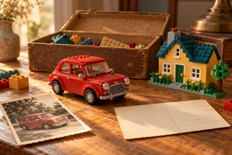 Voiture rouge et maison en briques près d’une boîte ancienne, d’une photographie illustrative et d’une carte vierge.