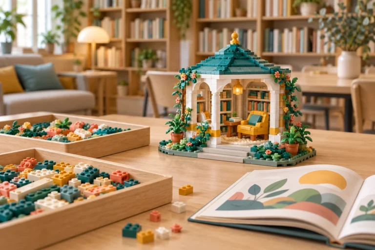Une petite bibliothèque en briques au toit vert est posée près de deux plateaux de pièces et d’un livre illustré ouvert.