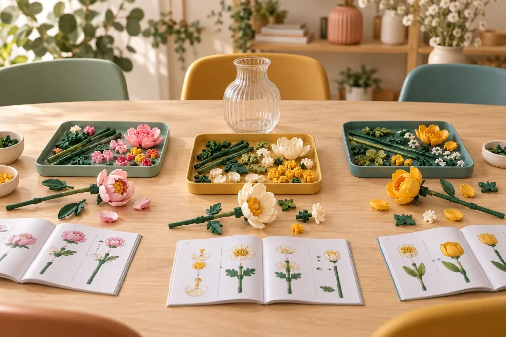 Trois plateaux de pièces florales, des fleurs roses, blanches et jaunes et trois livrets ouverts autour d’un vase transparent.