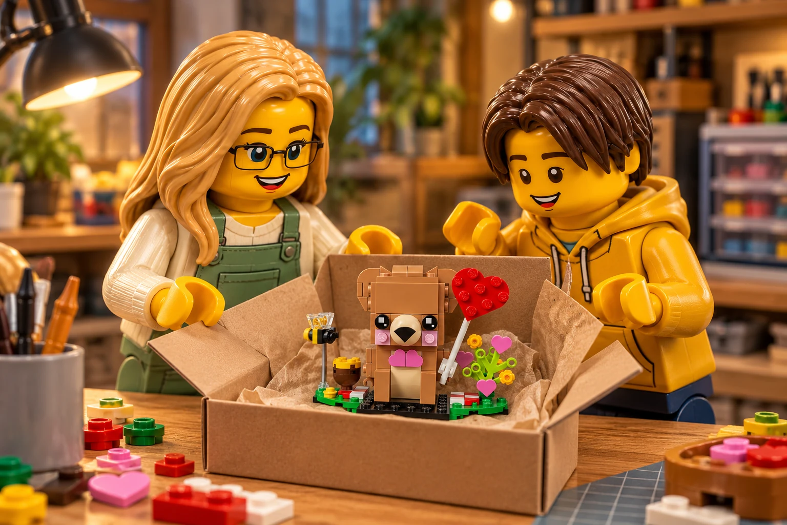 Deux figurines illustrées ouvrent une boîte contenant un petit ours BrickHeadz brun avec un cœur rouge et son décor floral.