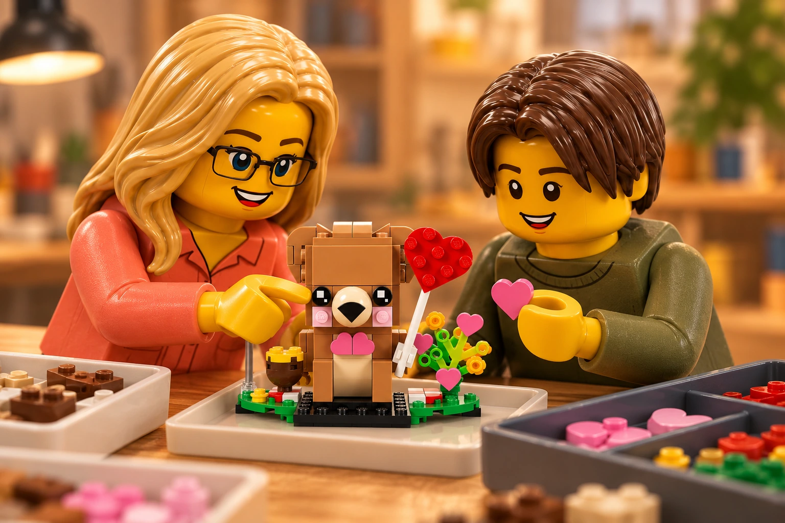 Une adulte à lunettes et un adolescent examinent le petit ours, les cœurs roses et le décor sur un plateau de tri.