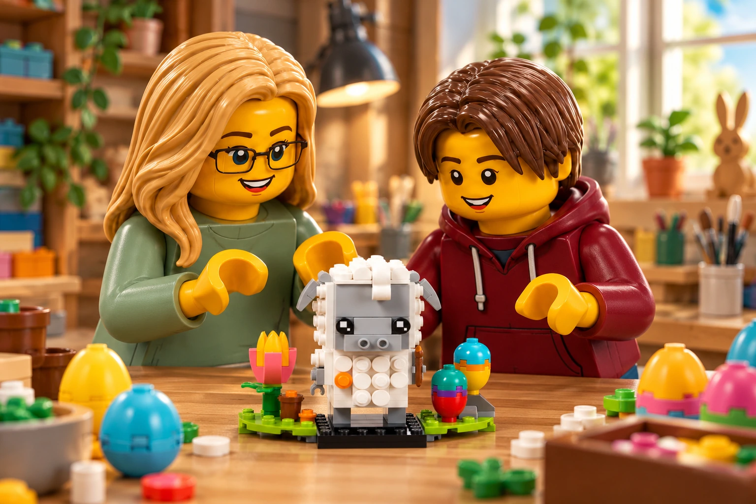 Une adulte en vert et un adolescent en bordeaux observent un petit mouton BrickHeadz blanc avec tulipe et œufs colorés.