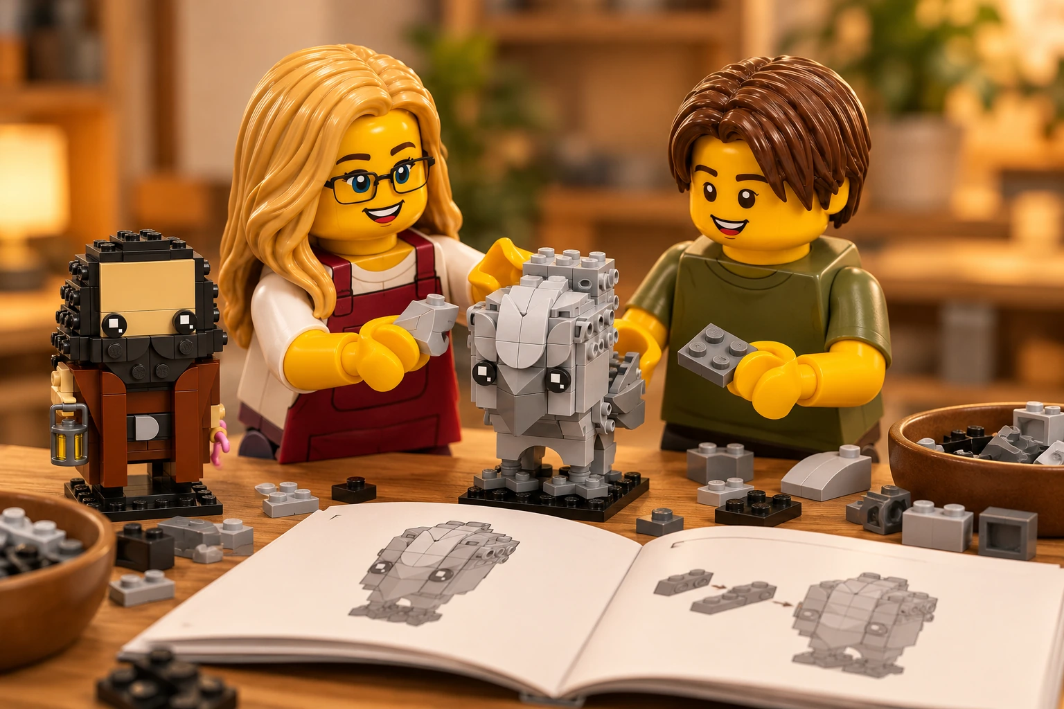 Les deux figurines assemblent la tête grise de Buck à côté d’un petit Hagrid et d’un livret illustré.