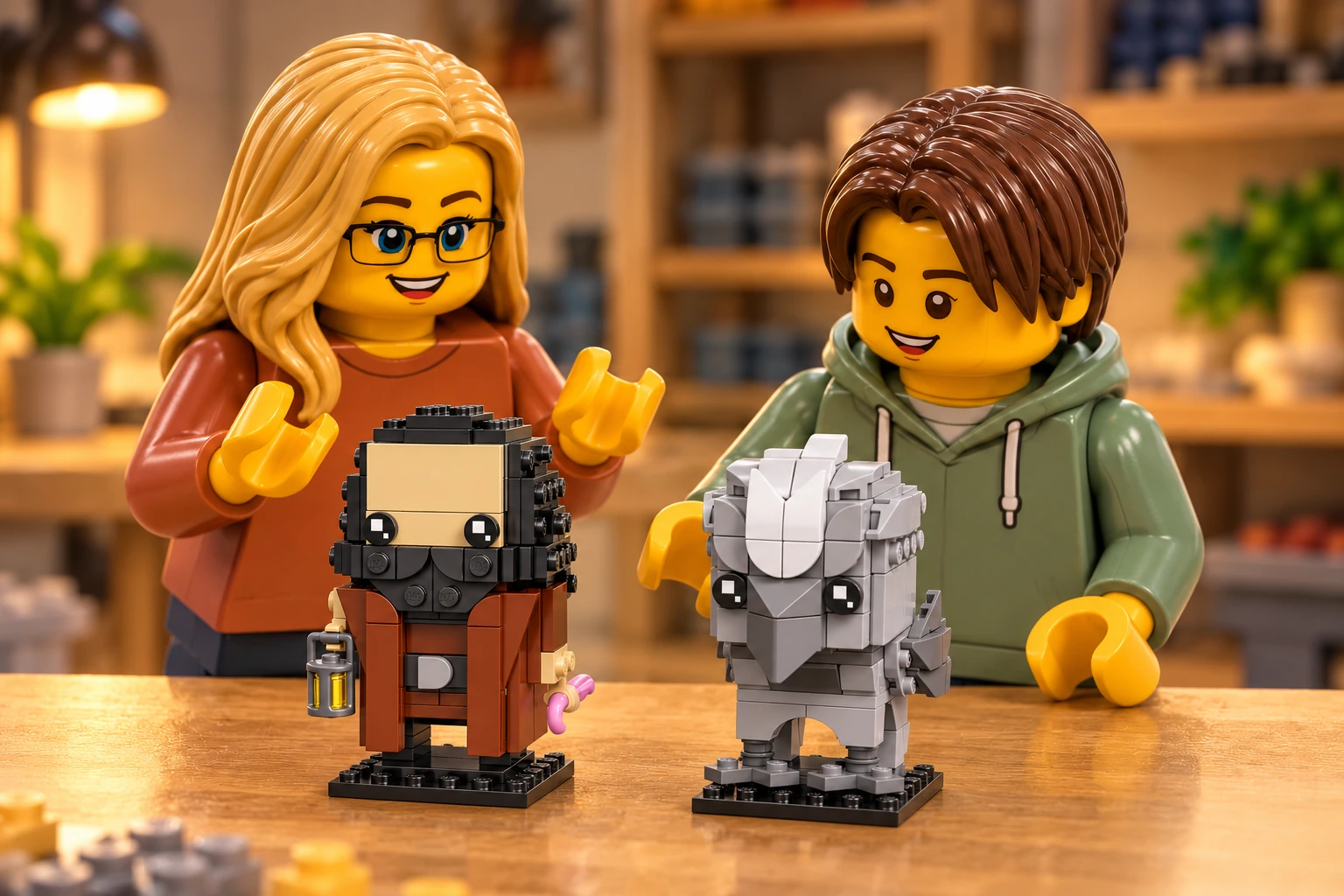 Deux figurines illustrées observent les petits modèles Hagrid et Buck posés sur leurs socles noirs.