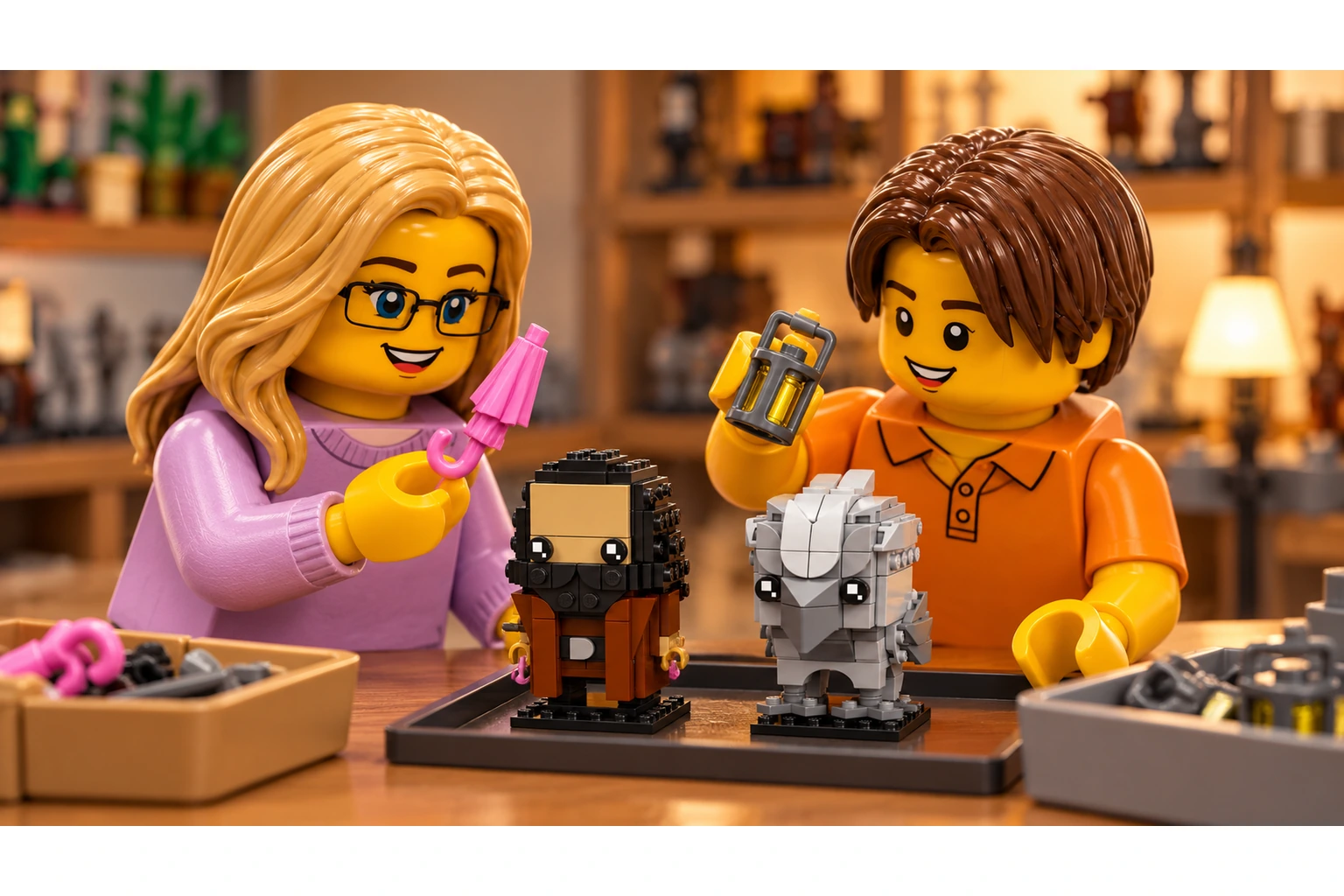 Une adulte à lunettes tient le parapluie rose et un adolescent tient une petite lanterne au-dessus du duo BrickHeadz.
