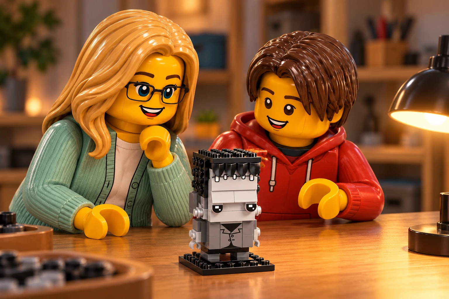 Une adulte en vert et un adolescent en rouge découvrent un petit Frankenstein BrickHeadz gris et noir sur son socle.