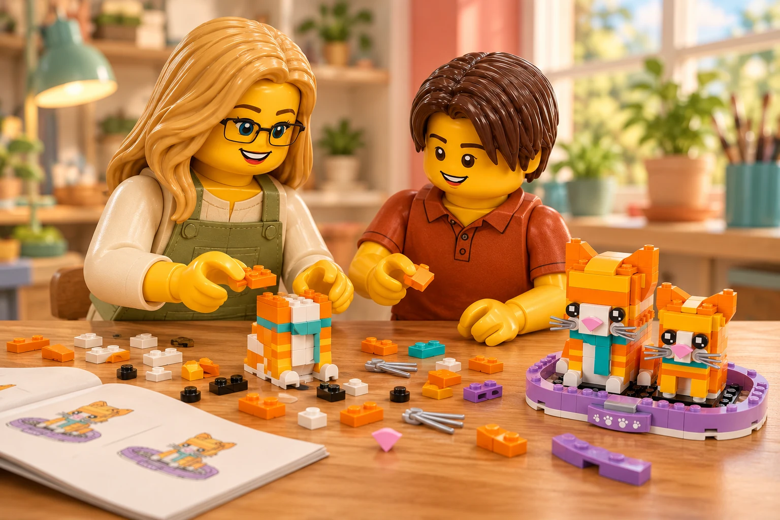 Illustration LEGO 40480 : une adulte blonde à lunettes noires et un adolescent aux cheveux châtains foncés assemblent un tronc de chat inachevé avec ses tenons supérieurs exposés, à côté du duo assemblé, parmi les pièces détachées et une notice ouverte.