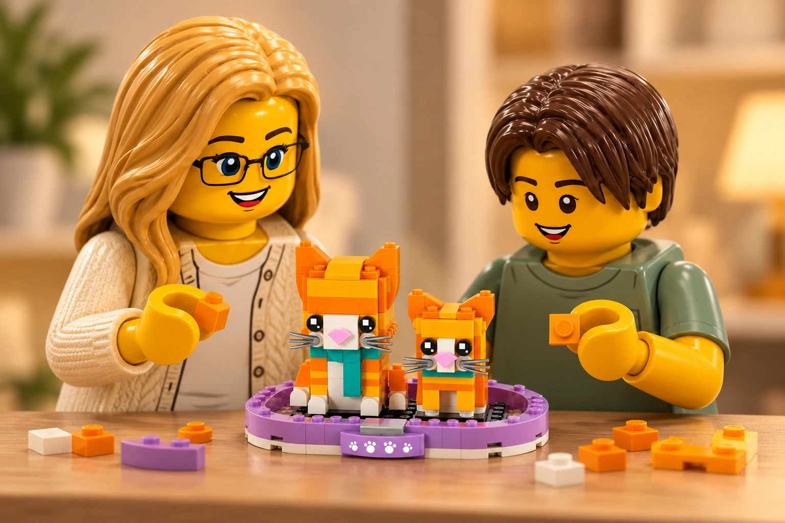 Illustration LEGO 40480 : une adulte blonde à lunettes noires et un adolescent aux cheveux châtains foncés découvrent le chat roux et son chaton sur leur panier violet sur une table d’atelier.