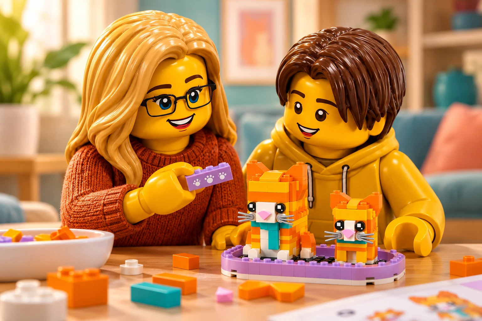 Illustration LEGO 40480 : une adulte blonde à lunettes noires et un adolescent aux cheveux châtains foncés observent une bordure violette à motif de pattes, devant le modèle assemblé et un bac de pièces.