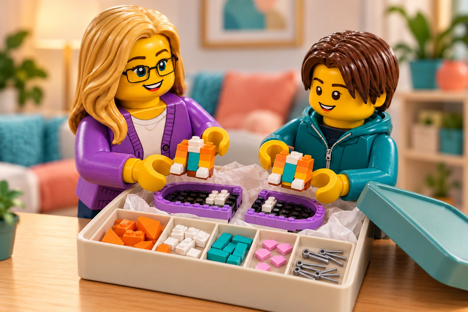 Illustration LEGO 40480 : une adulte blonde à lunettes noires et un adolescent châtain préparent deux troncs de chats sans têtes, des sections de panier violet et des pièces triées dans la boîte.
