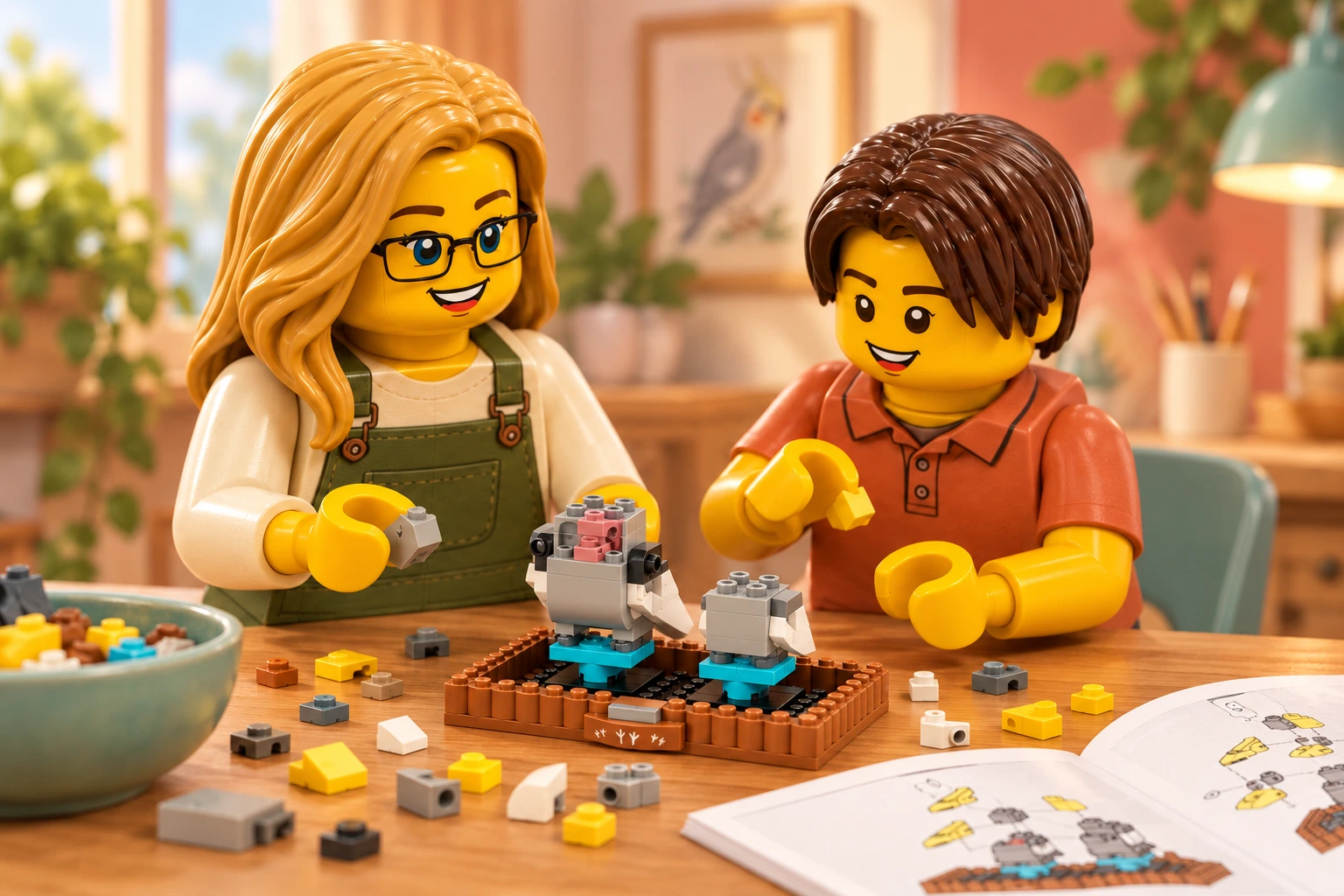 Illustration LEGO 40481 : une adulte blonde à lunettes noires et un adolescent aux cheveux châtains foncés assemblent deux corps d’oiseaux inachevés, dont un noyau rose et gris ouvert, parmi les pièces détachées et une notice ouverte.