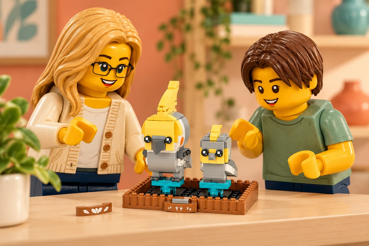 Illustration LEGO 40481 : une adulte blonde à lunettes noires et un adolescent aux cheveux châtains foncés découvrent deux perruches sur leurs perchoirs turquoise et leur socle marron sur une table d’atelier.