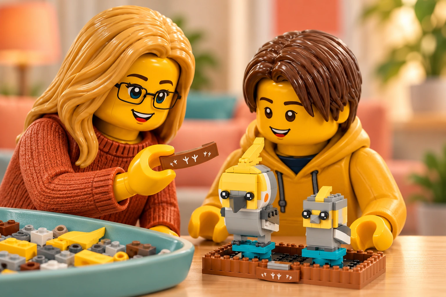 Illustration LEGO 40481 : une adulte blonde à lunettes noires et un adolescent aux cheveux châtains foncés observent une bordure marron décorée, devant le modèle assemblé et un bac de pièces.