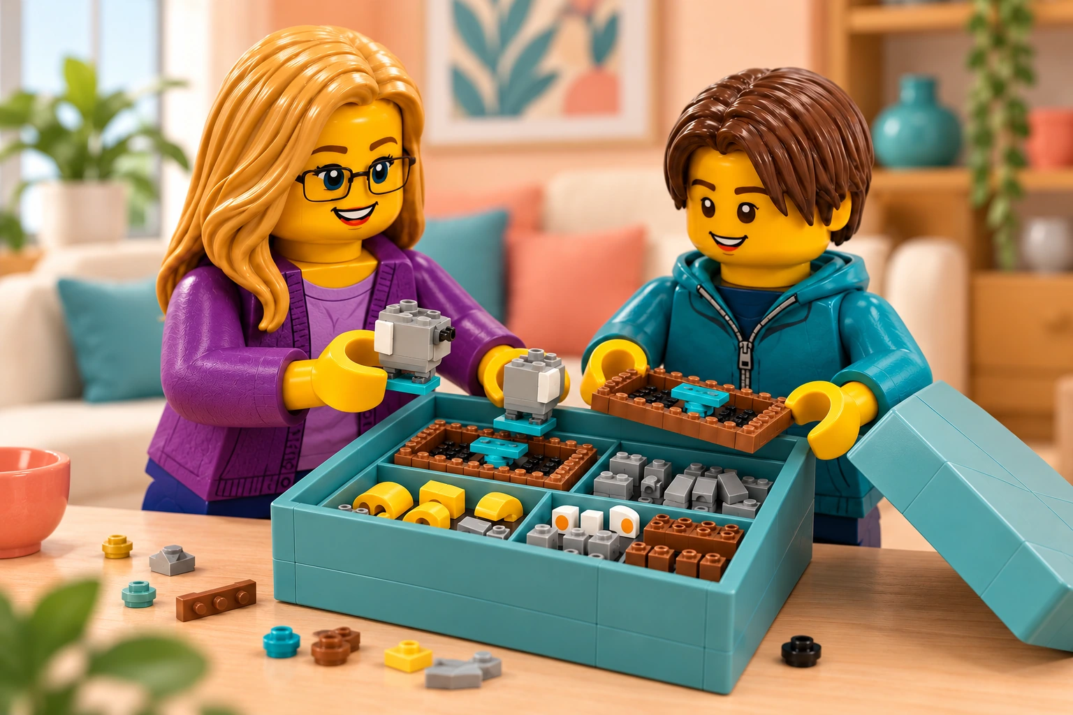 Illustration LEGO 40481 : une adulte blonde à lunettes noires et un adolescent châtain préparent deux corps d’oiseaux sans têtes, des sections de socle marron et des pièces triées dans la boîte.