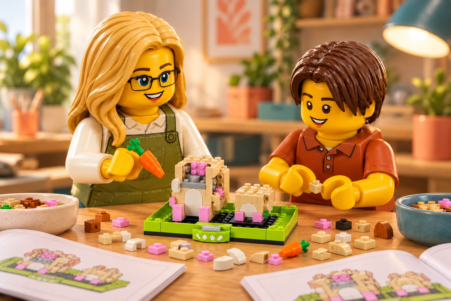 Illustration LEGO 40482 : une adulte blonde à lunettes noires et un adolescent aux cheveux châtains foncés assemblent deux corps de hamsters inachevés, avec le noyau rose et gris de l’adulte exposé, parmi les pièces détachées et une notice ouverte.